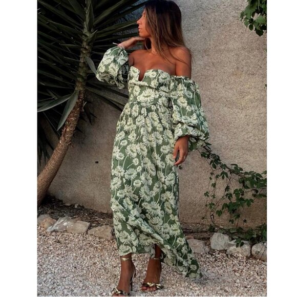 Zara Floral Off The Shoulder Cotton Poplin Maxi Dress Green Size Small - Picture 2 of 11
